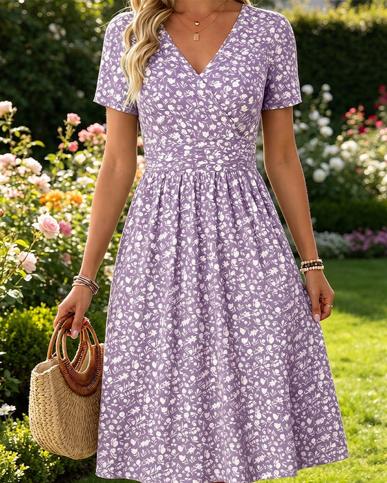 Kleid V-Ausschnitt Kurzarm Kleine Blumen