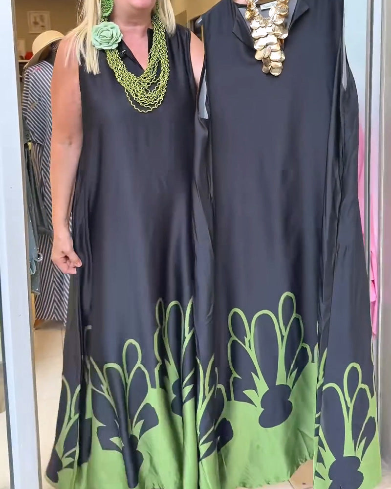 Kleid Revers Ärmellos Farbblock Voll-Rock