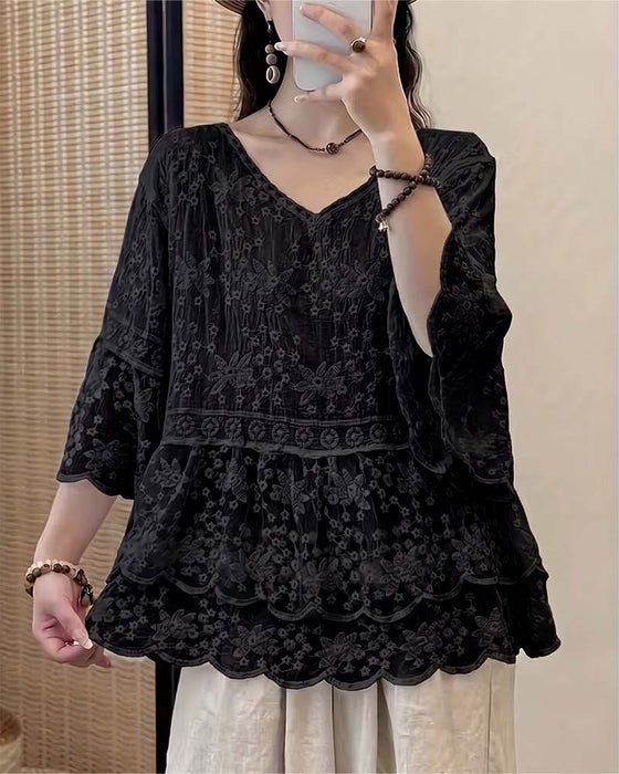 Bluse Kurzarm Spitze Besatz