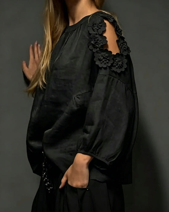Blusen Rundhals Ausschnitt Off-Shoulder 3D Blumig
