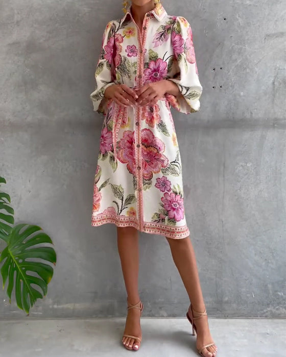 Lampenärmel Kleid mit Reverskragen und Print