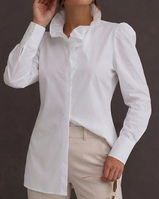 100% Baumwolle Bluse Rüsche Besatz Langarm Puffärmel