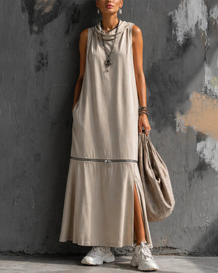 Kleid Cowl Ausschnitt Ärmellos Reißverschluss Schlitz