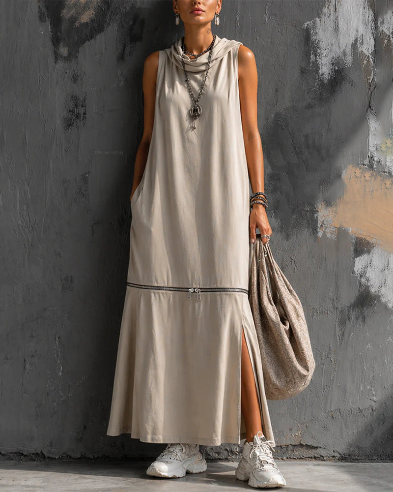 Kleid Cowl Ausschnitt Ärmellos Reißverschluss Schlitz