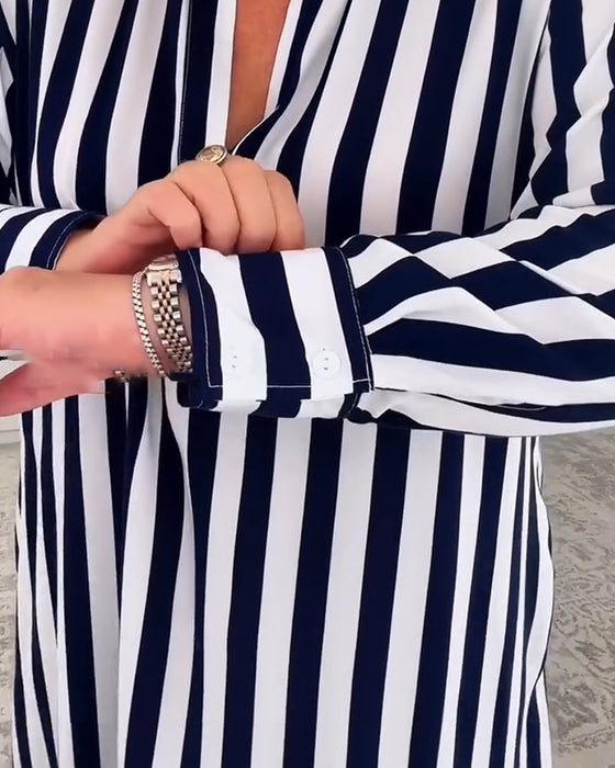 Kleid Revers Gestreift Tasche