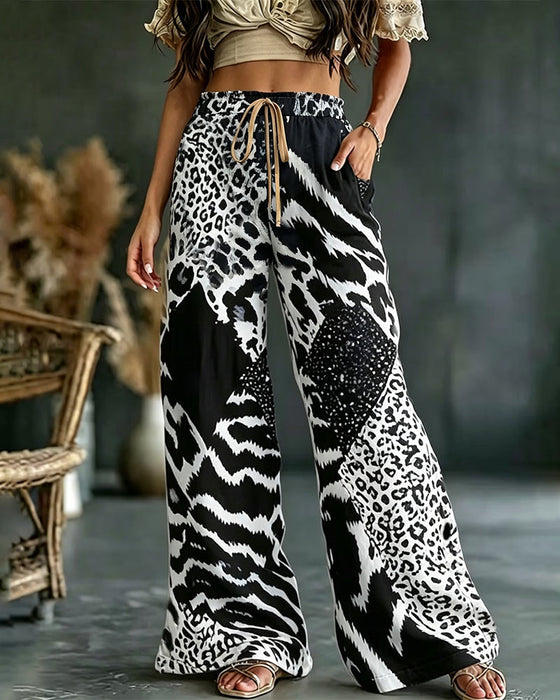 Hose Leoparden Druck Patchwork Weites Bein Casual