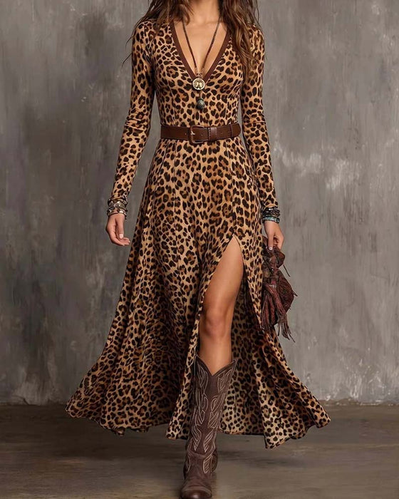 Kleid Leopardenmuster V-Ausschnitt Mit Schlitz