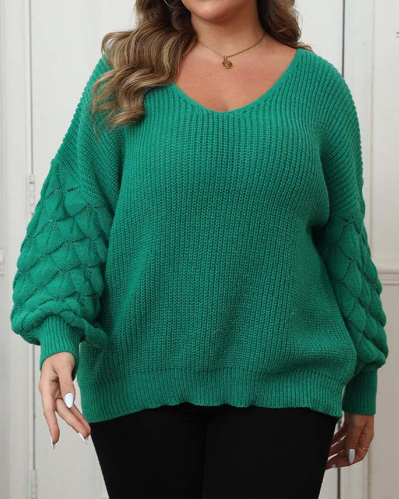 Pullover Puffärmel V-Ausschnitt Gestrickt