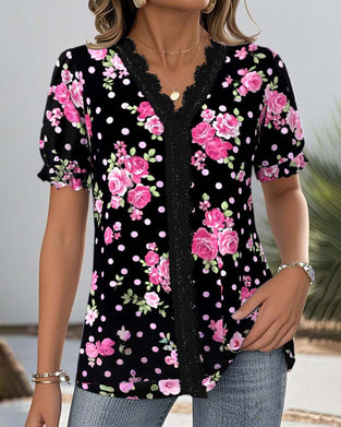 Bluse V-Ausschnitt Spitze Laternenärmel bedruckt