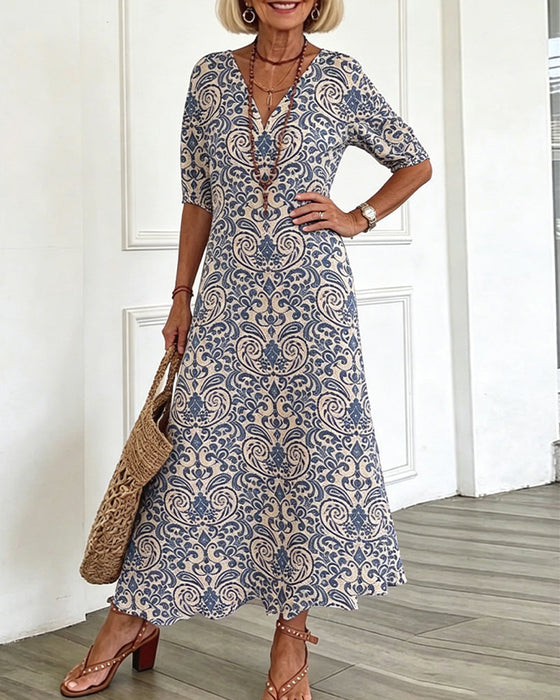 Kleid Vintage Blumenmuster V-Ausschnitt Maxi