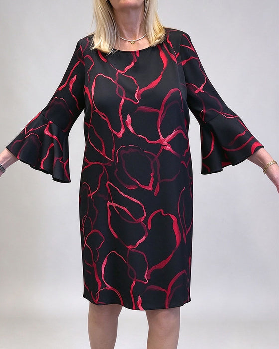 Kleid Kontrastfarbe Rundhals Und Glockenärmel