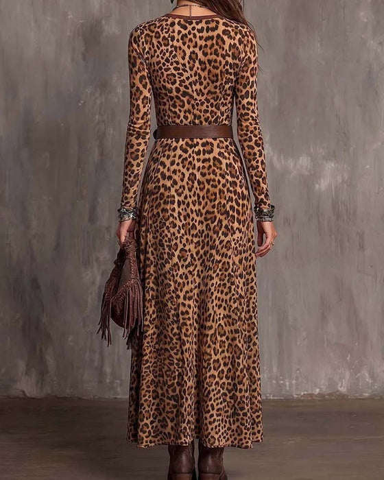 Kleid Leopardenmuster V-Ausschnitt Mit Schlitz