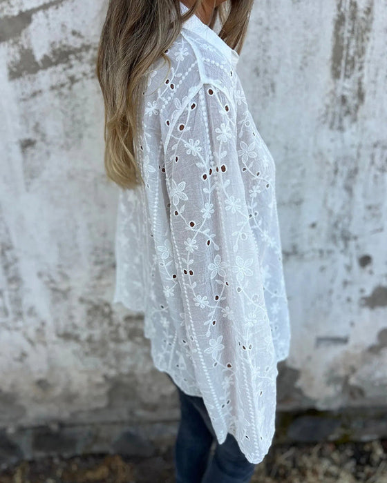 Bluse Floral Hohl-Ausgeschnitten Langarm