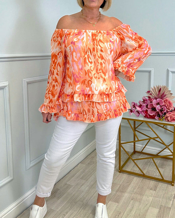 Bluse mit langen Ärmeln und weitem Kragen bedruckt