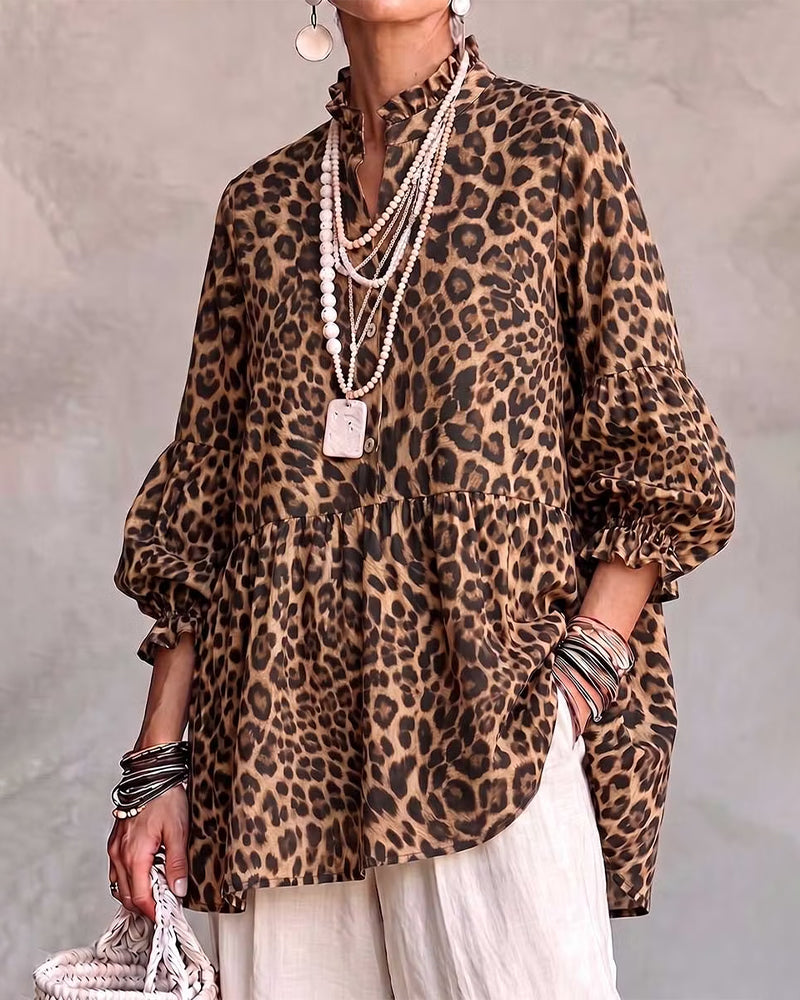 Oberteil Leopard Druck Rüsche Besatz Knopf