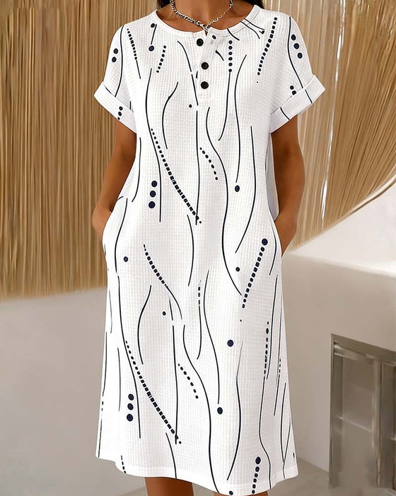 Kleid Rundhals Knopf Linie Waffel
