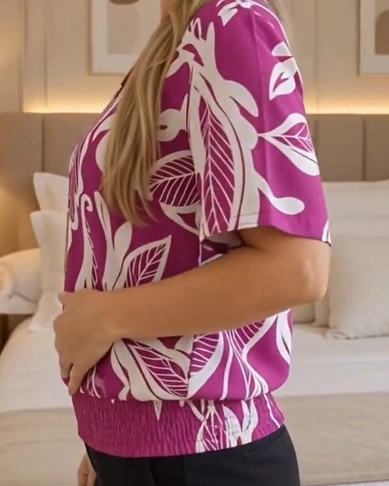 Bluse Blumenprint Gummizug Saum Kurzarm