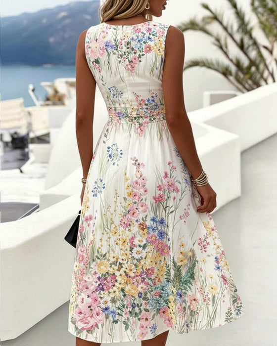Kleid Ärmellos Blumenprint Taillenbetonend