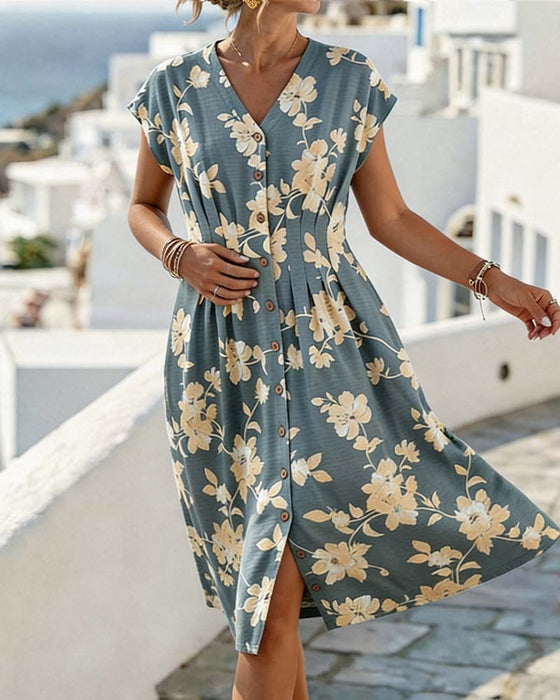 Kleid V-Ausschnitt Print Tailliert Knopfleiste