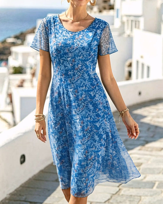 Kleid Blumig Kurzarm A-Linie