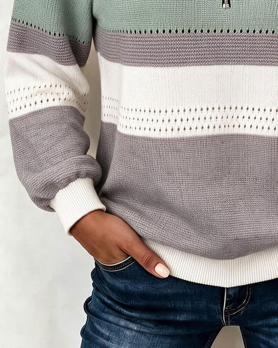Sweatshirt Farbblock Gestreift Reißverschluss