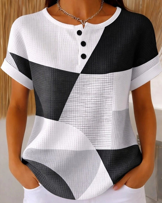 Bluse Rundhals Knopf Farbblock Waffel