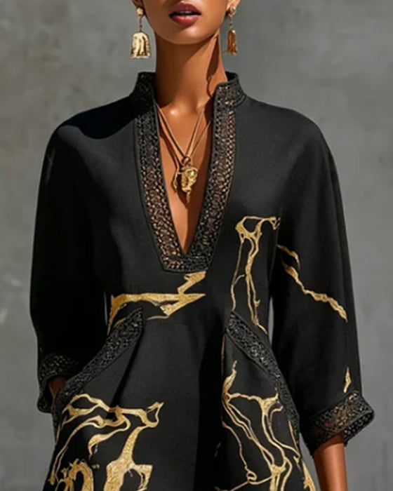 Kleid Stehkragen Halbärmel Hohl