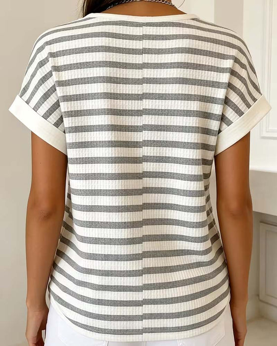 T-Shirt Gestreift Waffel Henley