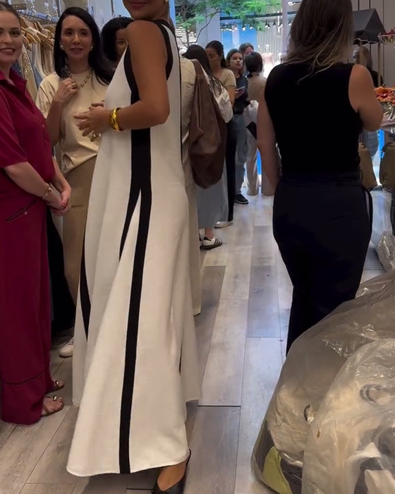 Kleid V-Ausschnitt Ärmellos Farbblock Locker