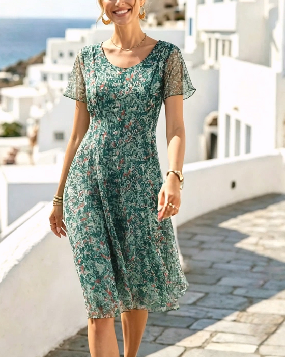Kleid Blumig Kurzarm A-Linie