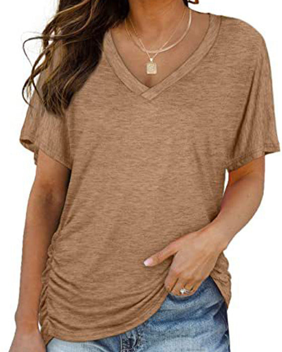 T-Shirt Plissiert Einfarbig V-Ausschnitt