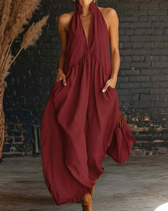 Kleid 100% Baumwolle Ärmellos Stehkragen Unifarben Maxi
