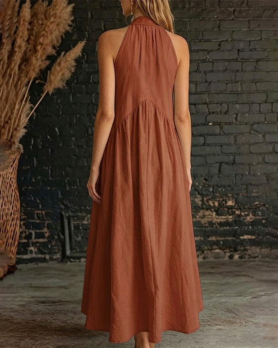 Kleid 100% Baumwolle Ärmellos Stehkragen Unifarben Maxi