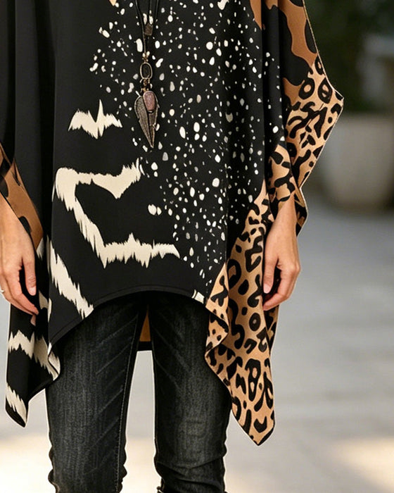 Bluse Rundhals Leopardenmuster Patchwork