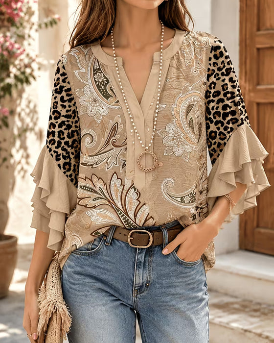 Bluse Leopard Druck Panel Rüsche Ärmel