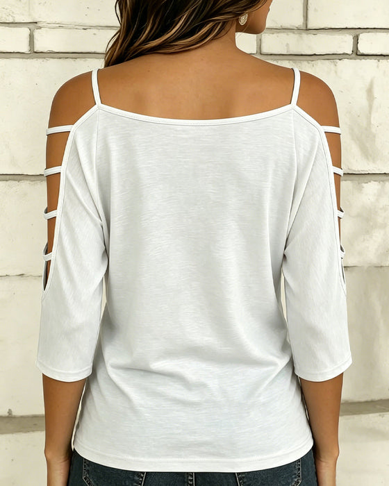 T-Shirt Uni Farbe Ellenbogenlang Ärmel Off-Shoulder