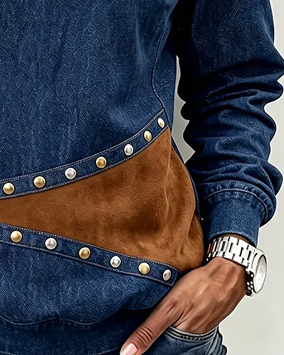 Top Rundhals Denim Spliced Farbblock