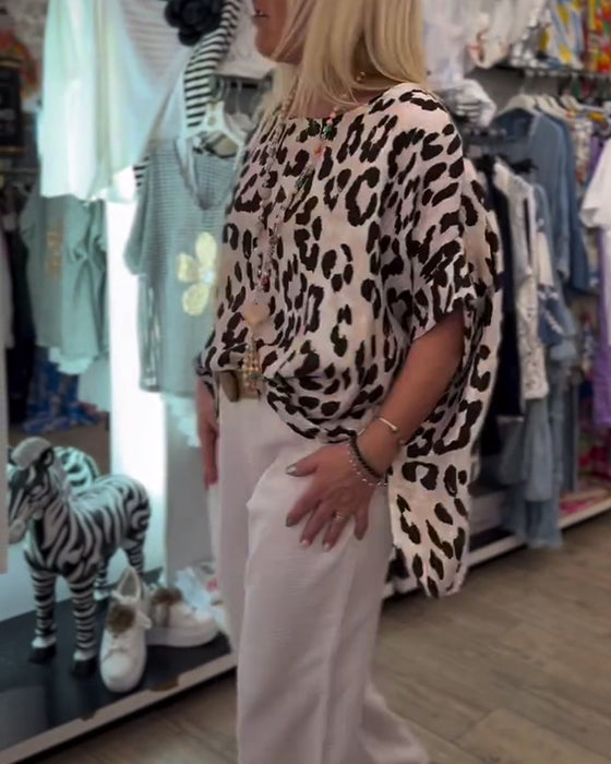 Bluse mit Rundhalsausschnitt Leopardenmuster locker