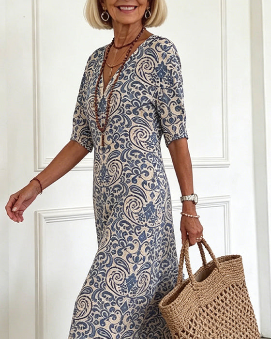 Kleid Vintage Blumenmuster V-Ausschnitt Maxi