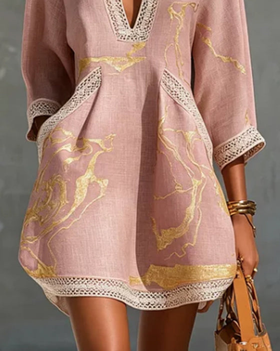 Kleid Stehkragen Halbärmel Hohl