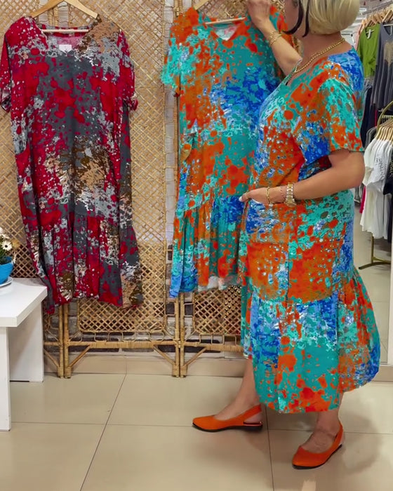 Kleid V-Ausschnitt Farbverlauf Mehrfarbiger Druck