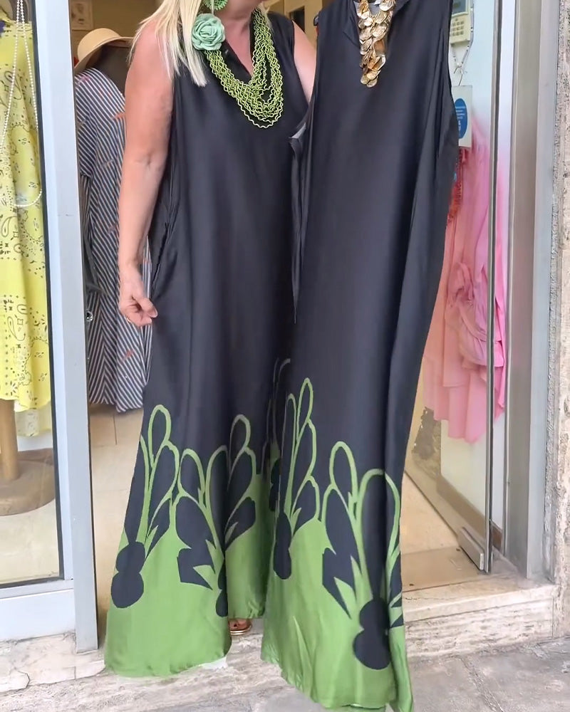 Kleid Revers Ärmellos Farbblock Voll-Rock