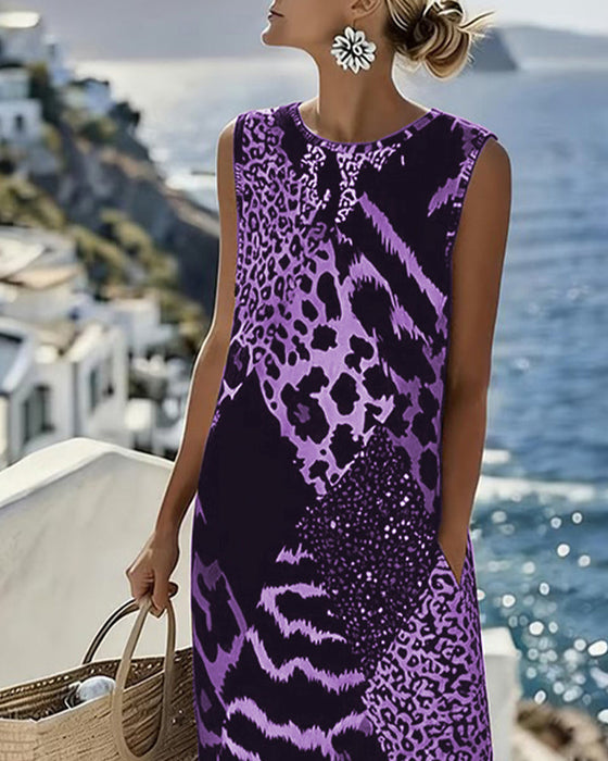 Kleid Patchwork Leopardenmuster Ärmellos Lang
