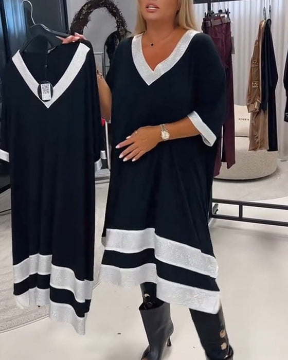 Kleid V-Ausschnitt Kurzarm Farbblock Loose Fit