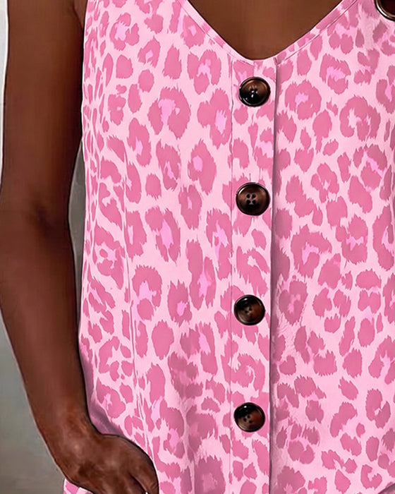 Tank Top Leopard Spaghettiträger Knopf Metallschnalle