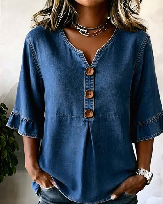 Bluse V-Ausschnitt Ausgestellter Ärmel Denim