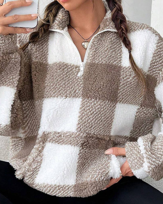 Sweatshirt Halb-Zip Stehkragen Karomuster