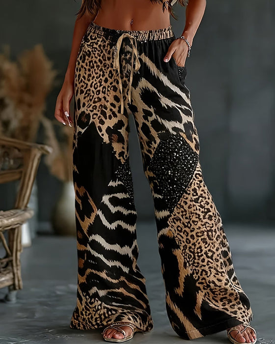 Hose Leoparden Druck Patchwork Weites Bein Casual