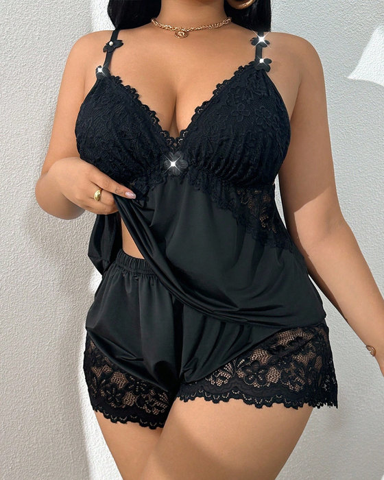 Set Plusgröße Spitzen Camisole Schlafanzug