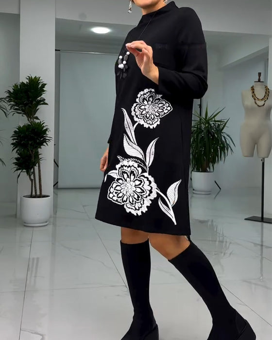 Kleid Pullover Langarm Blumendruck